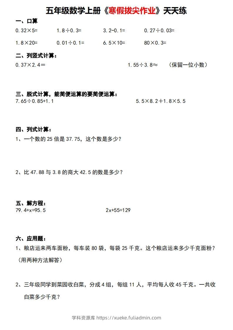 五年级下【数学寒假】拔尖作业天天练30天-学科资源库