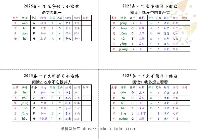 图片[2]-【生字小贴贴】一下语文最终版生字预习-学科资源库