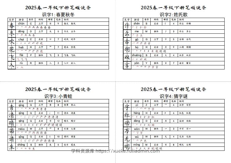 【笔顺小贴贴】一下语文最终版生字预习-学科资源库