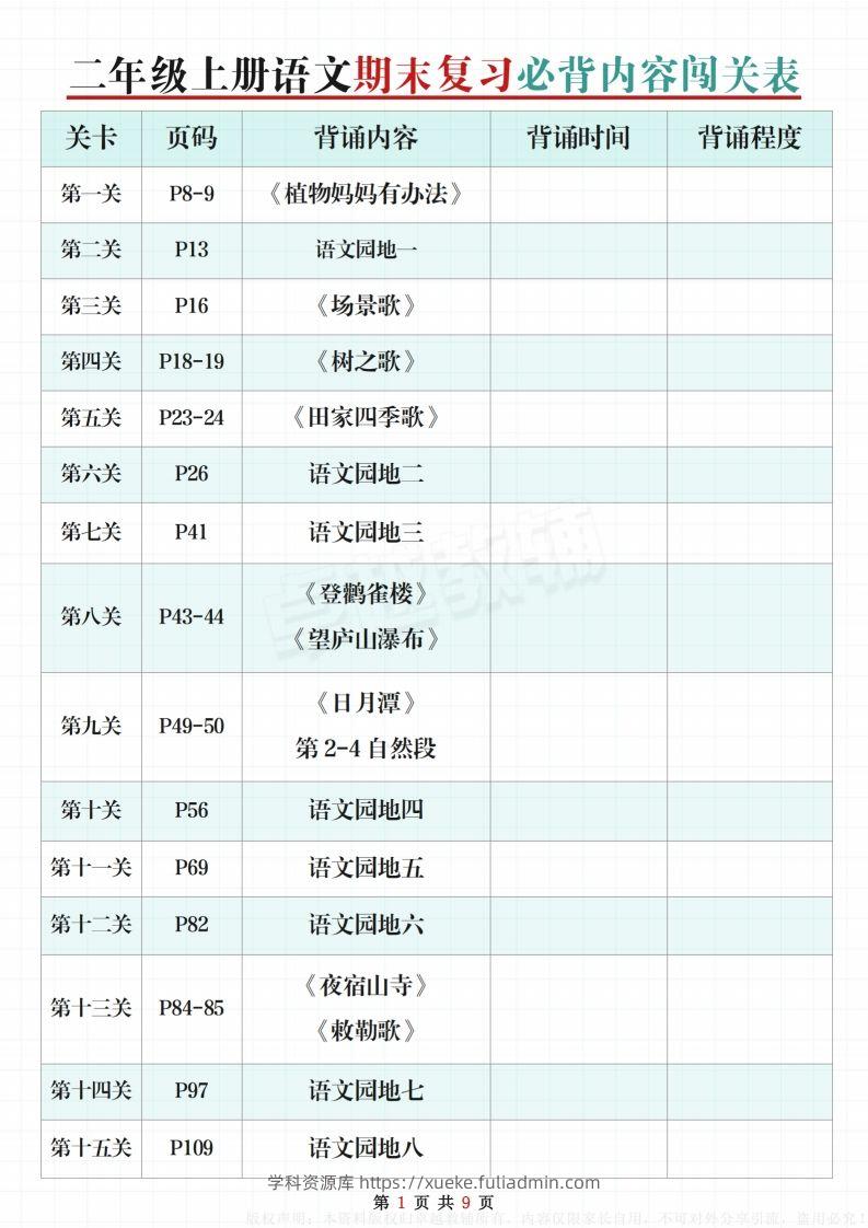 【期末复习必背内容闯关表】二上语文-学科资源库