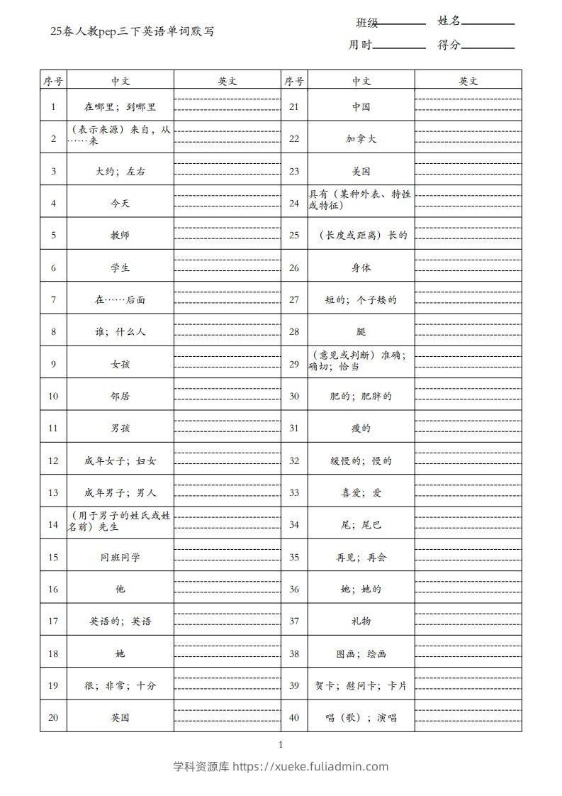 25春人教pep三下英语单词默写表（3页）-学科资源库