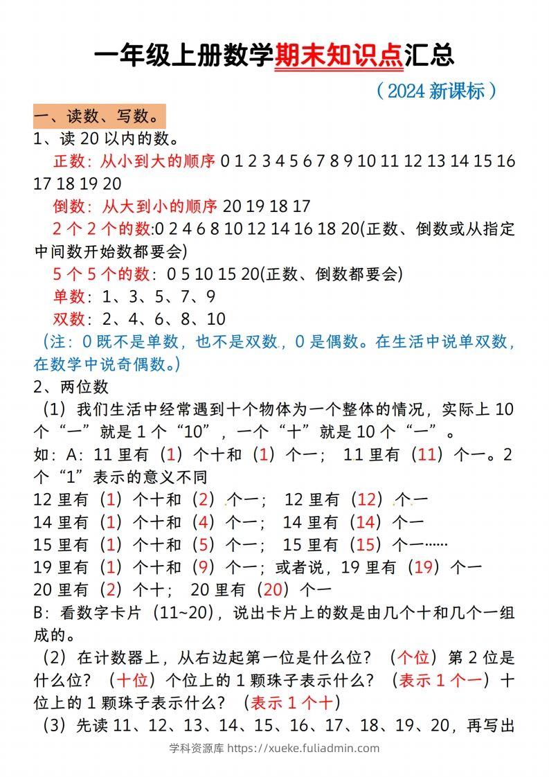 【一上数学人教版】一年级上册数学期末知识点汇总-学科资源库