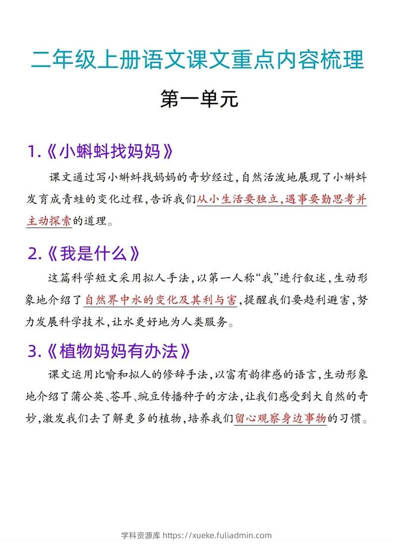 二年级语文上册课文重点内容梳理-学科资源库