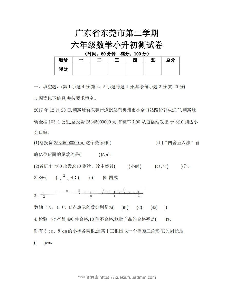 六（下）广东省数学小升初测试卷-学科资源库