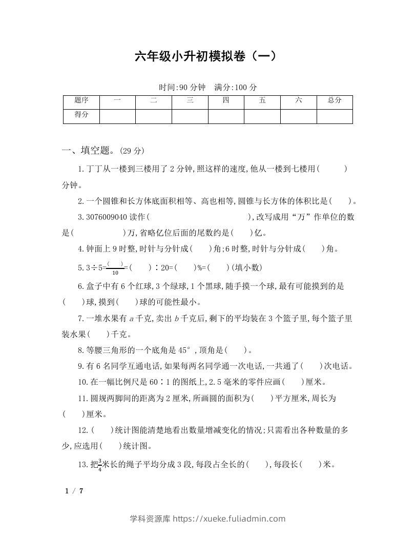 六年级小升初数学模拟卷（一）-学科资源库