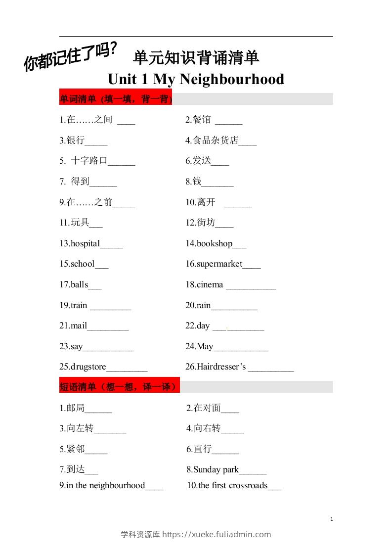 ❤四年级英语下册单元知识背诵清单Unit1MyNeighbourhood人教新起点（含答案）-学科资源库