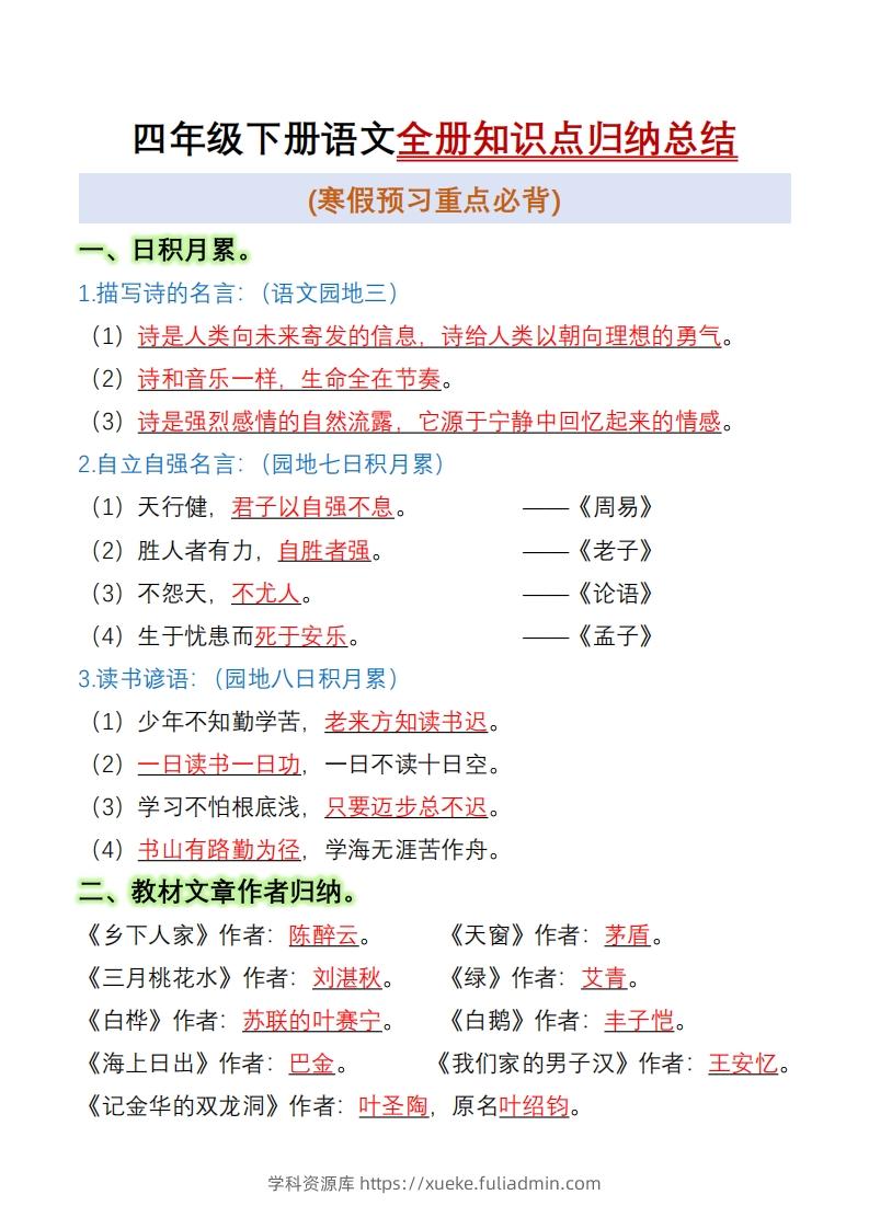 四下语文全册知识点归纳总结15页-学科资源库