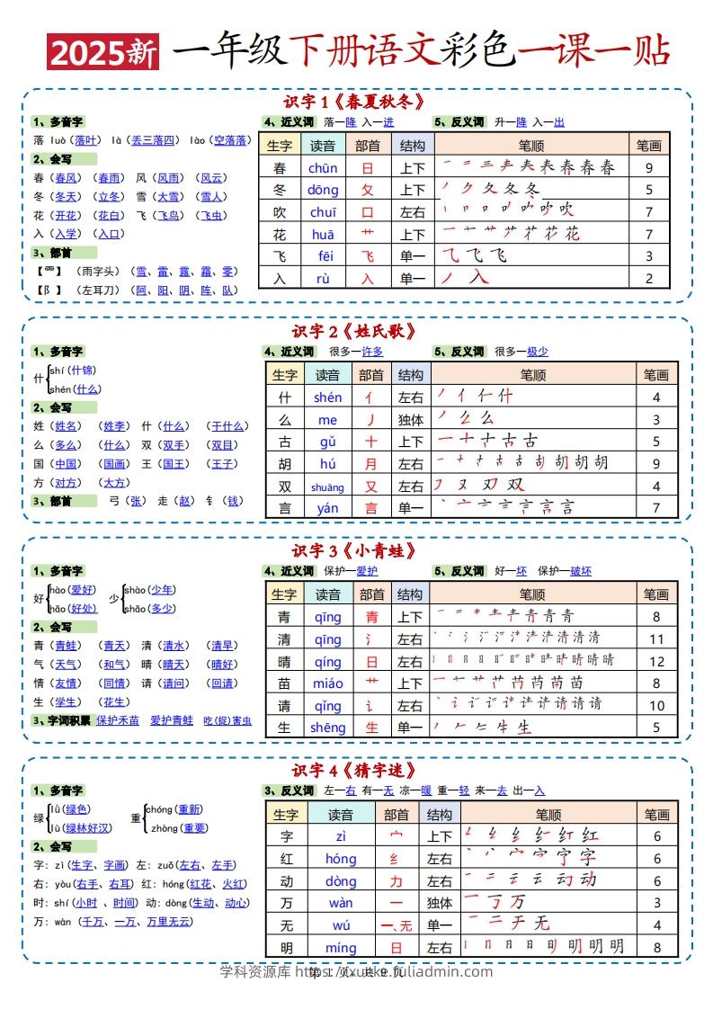 25春新一下语文彩色一课一贴高清（9页）-学科资源库