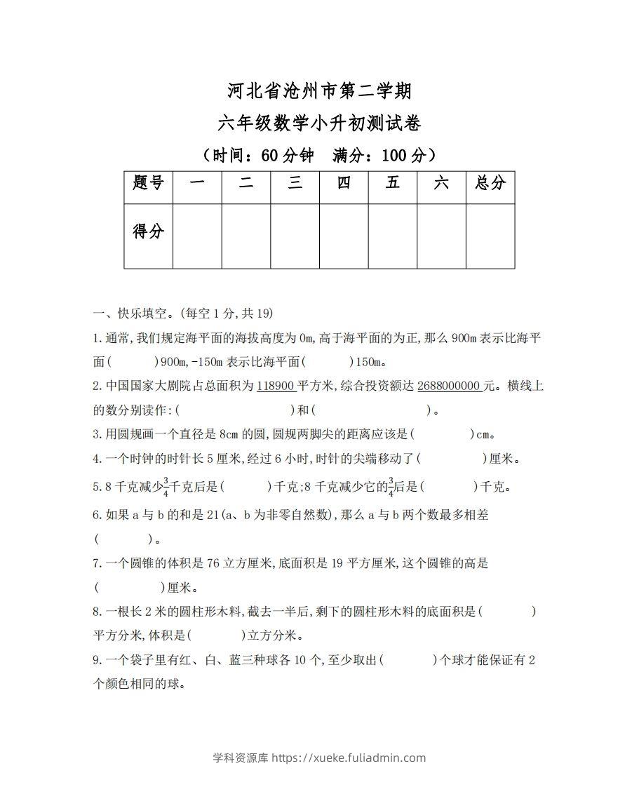 六（下）河北省数学小升初测试卷-学科资源库
