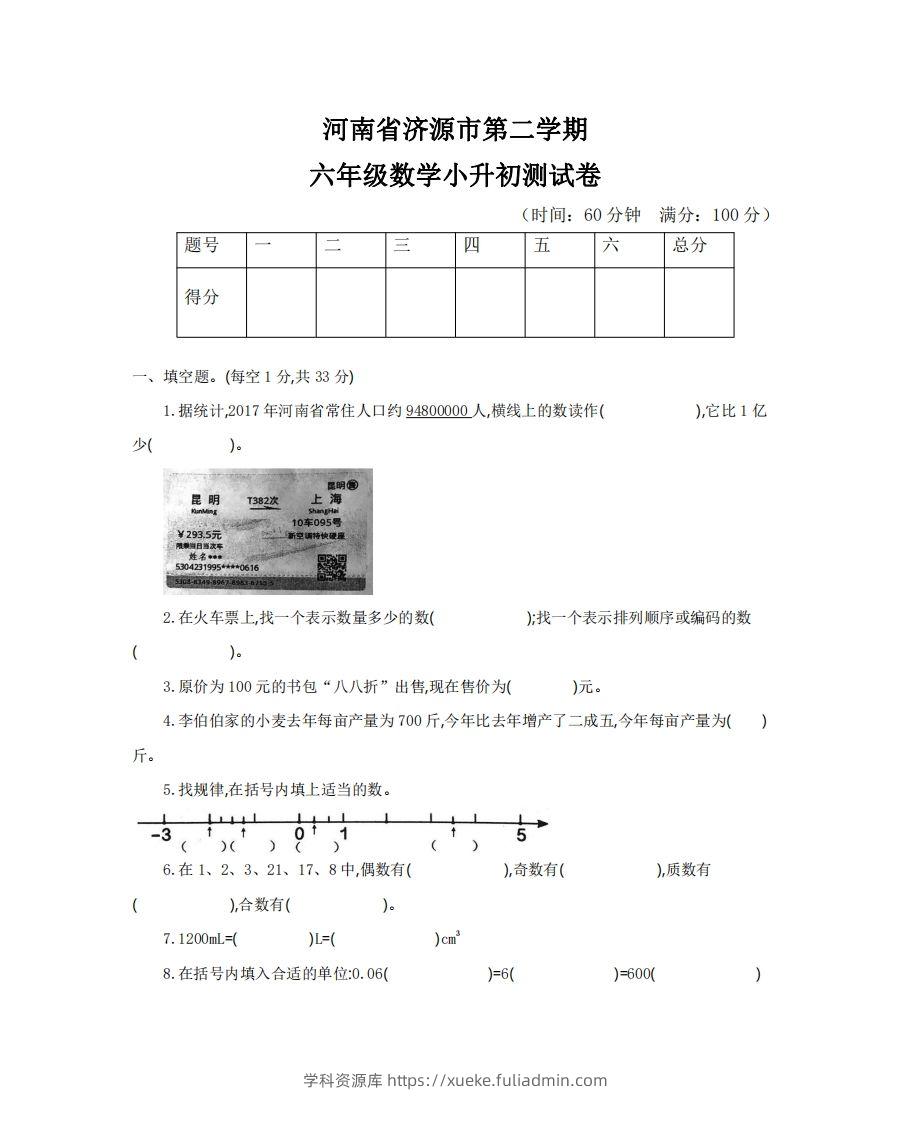 六（下）河南省数学小升初测试卷-学科资源库