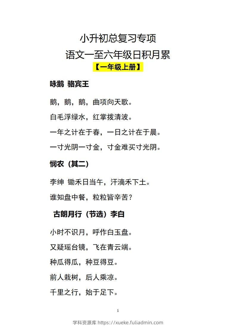 小升初语文一至六年级日积月累-学科资源库