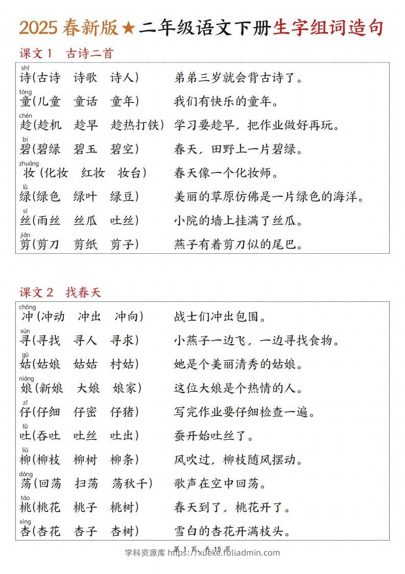 25春二下语文写字表生字组词造句（15页）-学科资源库