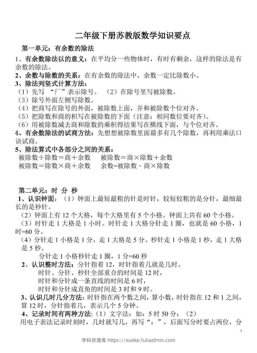 二下苏教版数学知识要点-学科资源库