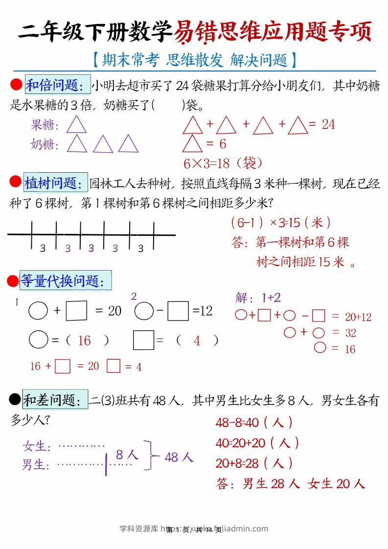 二下数学易错思维应用题专项（28道母题）练习+答案版14页-学科资源库