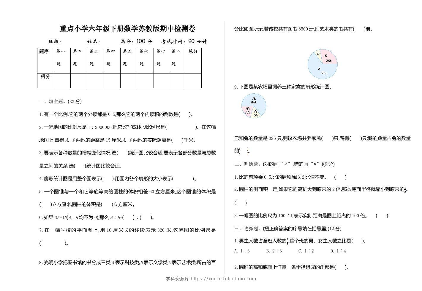 六下苏教版数学期中测试卷-1-学科资源库