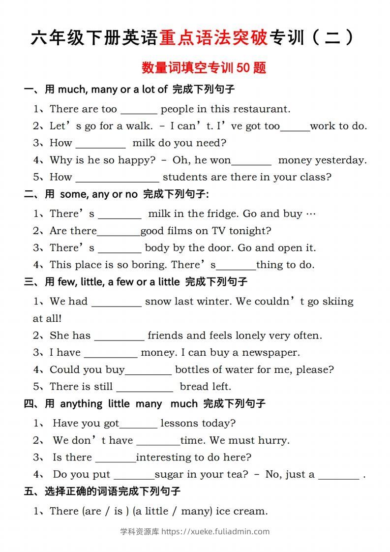 六年级下册人教PEP英语重点语法突破专项训（二）数量词填空-学科资源库