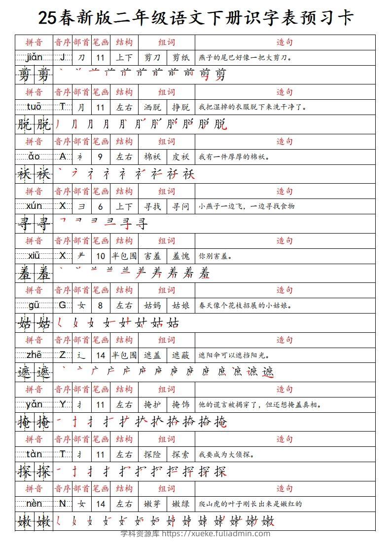 图片[2]-25春新二下语文识字表预习卡（组词造句拼音部首笔画笔顺结构）47页-学科资源库