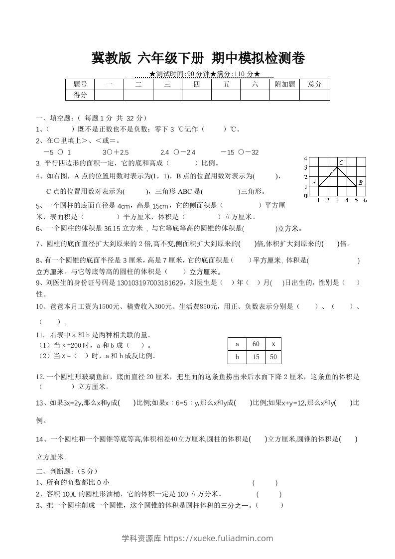冀教版六年级下册数学期中质量检测试卷（1）（含答案）-学科资源库