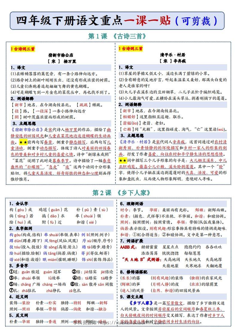 图片[2]-四年级下语文彩色重点一课一贴-学科资源库