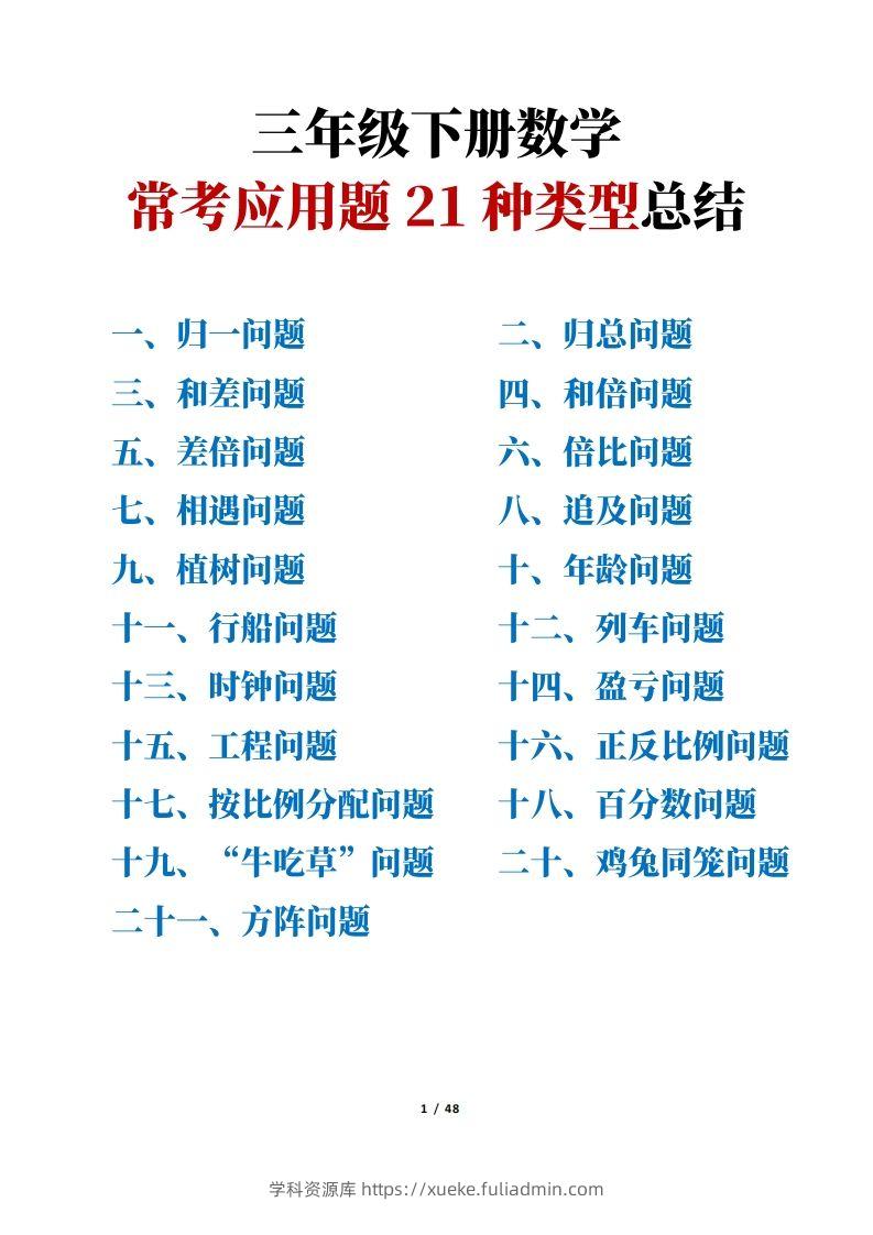 三年级下册数学常考应用题21种类型总结(附例题、解题思路)-学科资源库