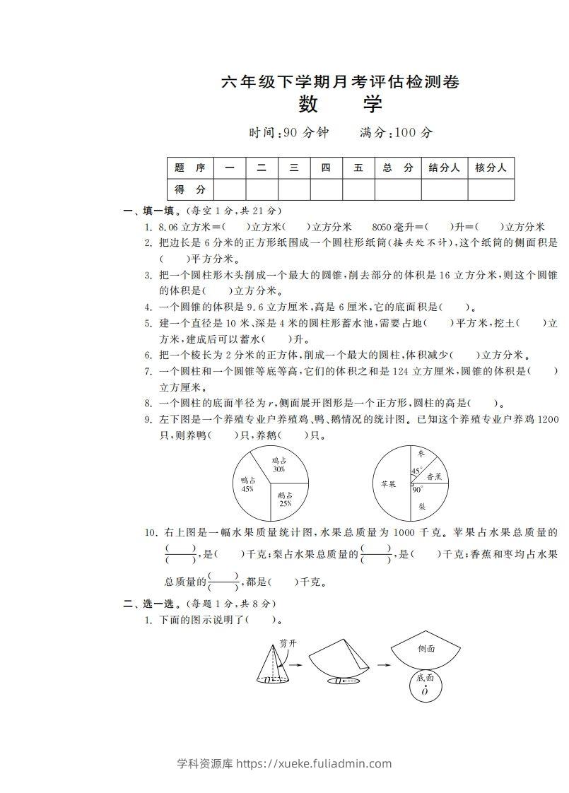 六下苏教版数学第一次月考试卷-学科资源库