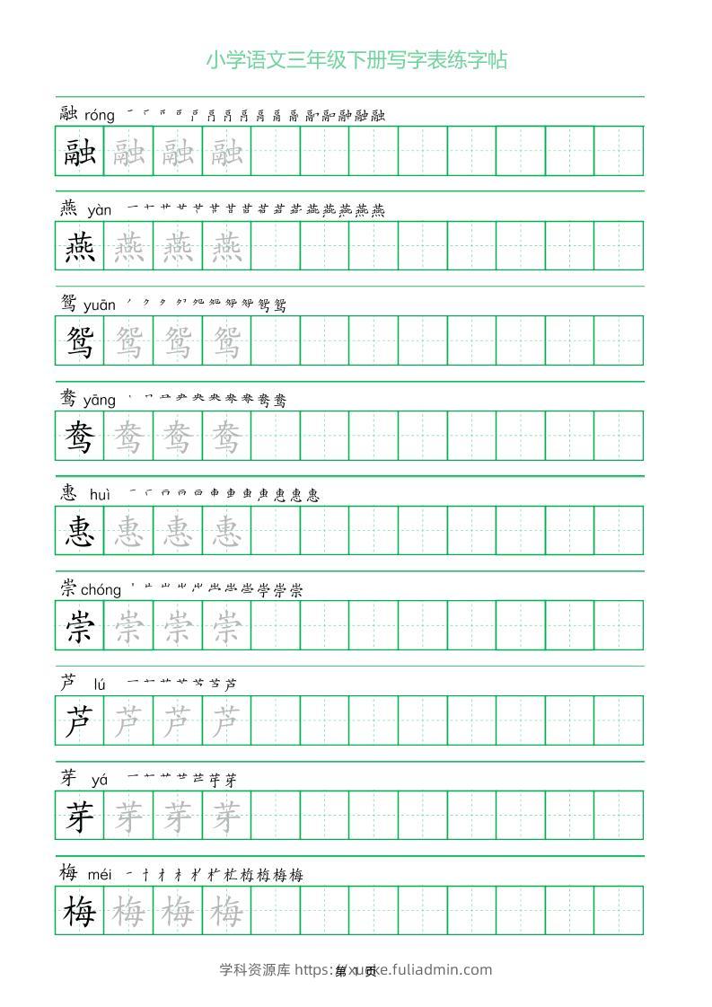 三年级下册语文写字表练字帖（一字三描红）28页-学科资源库