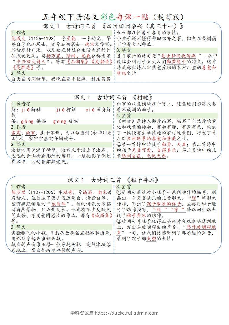 五年级下册语文彩色每课一贴（9页）-学科资源库