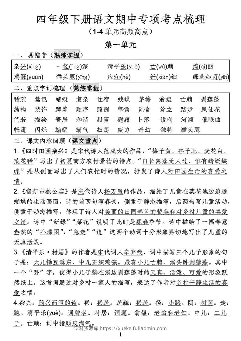 四年级下语文期中专项考点梳理-学科资源库