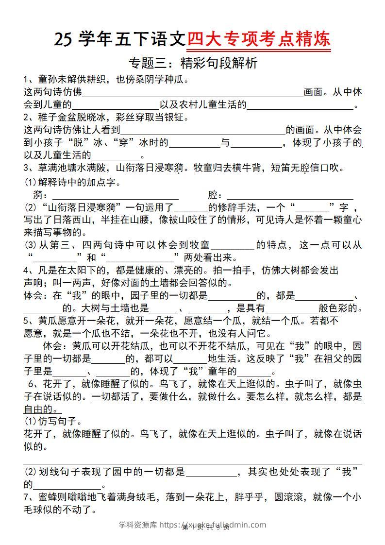 25学年五下语文四大专项考点精炼（专题三：精彩句段解析）-学科资源库