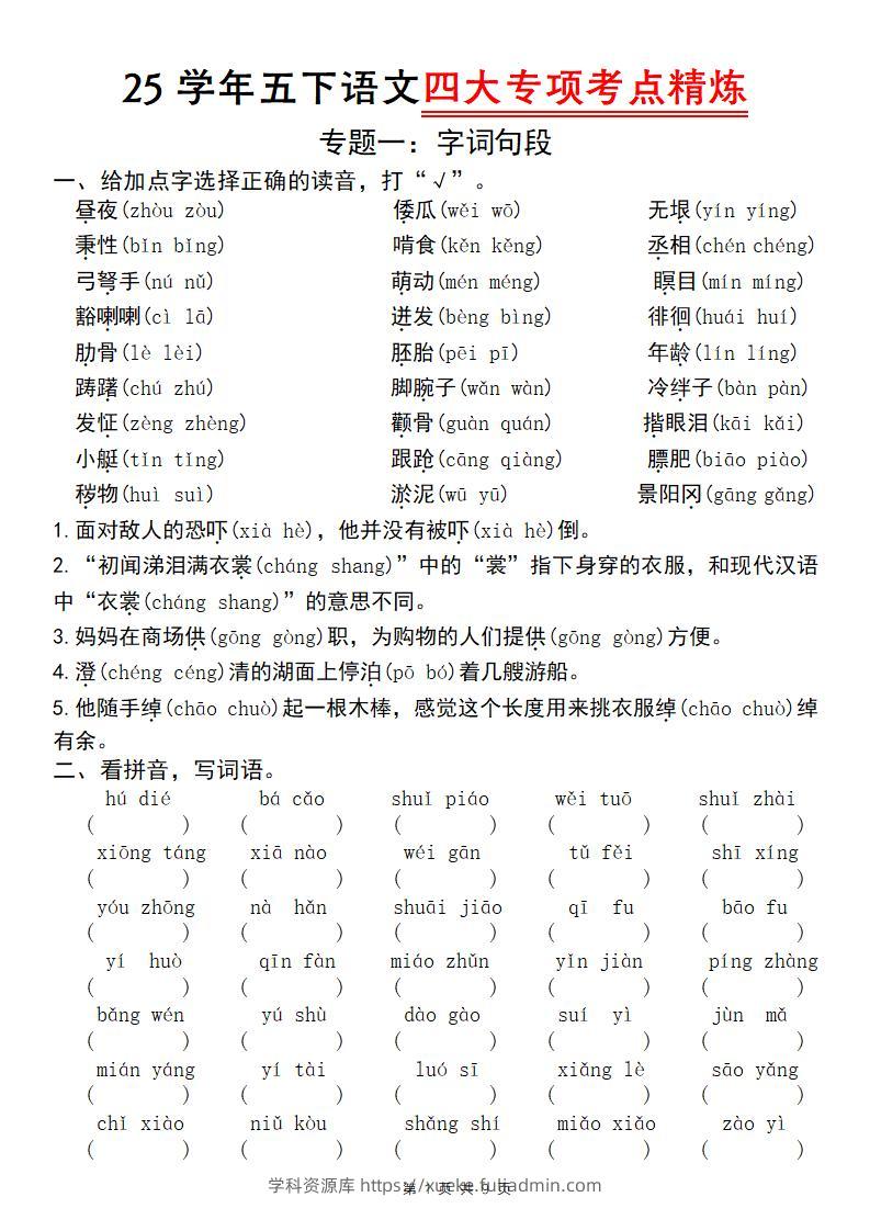 25学年五下语文四大专项考点精炼（专题一：字词句段）-学科资源库