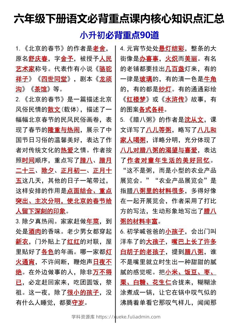 《语文必背重点课内核心知识点汇总小升初必背重点90道》-学科资源库