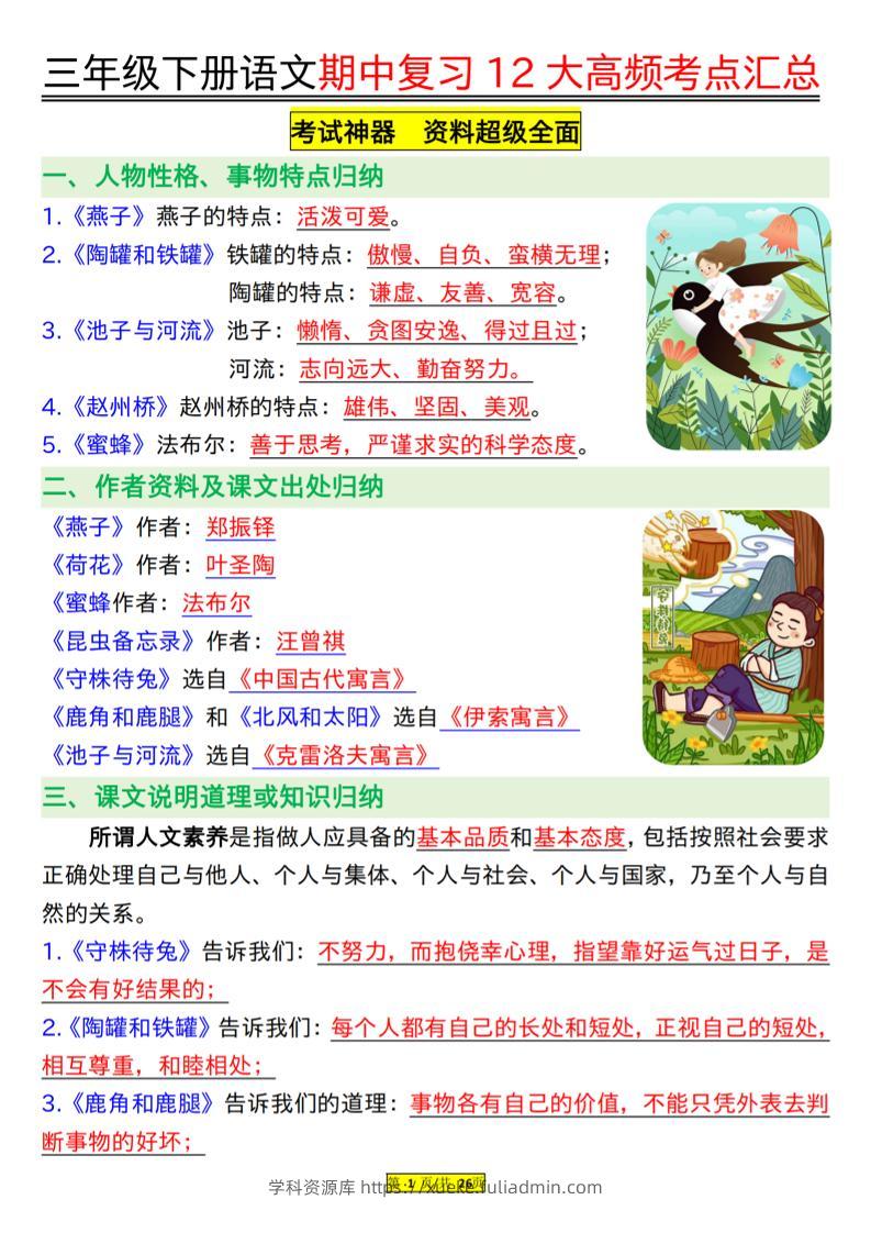 三下语文文期中复习12大高频考点汇总-学科资源库