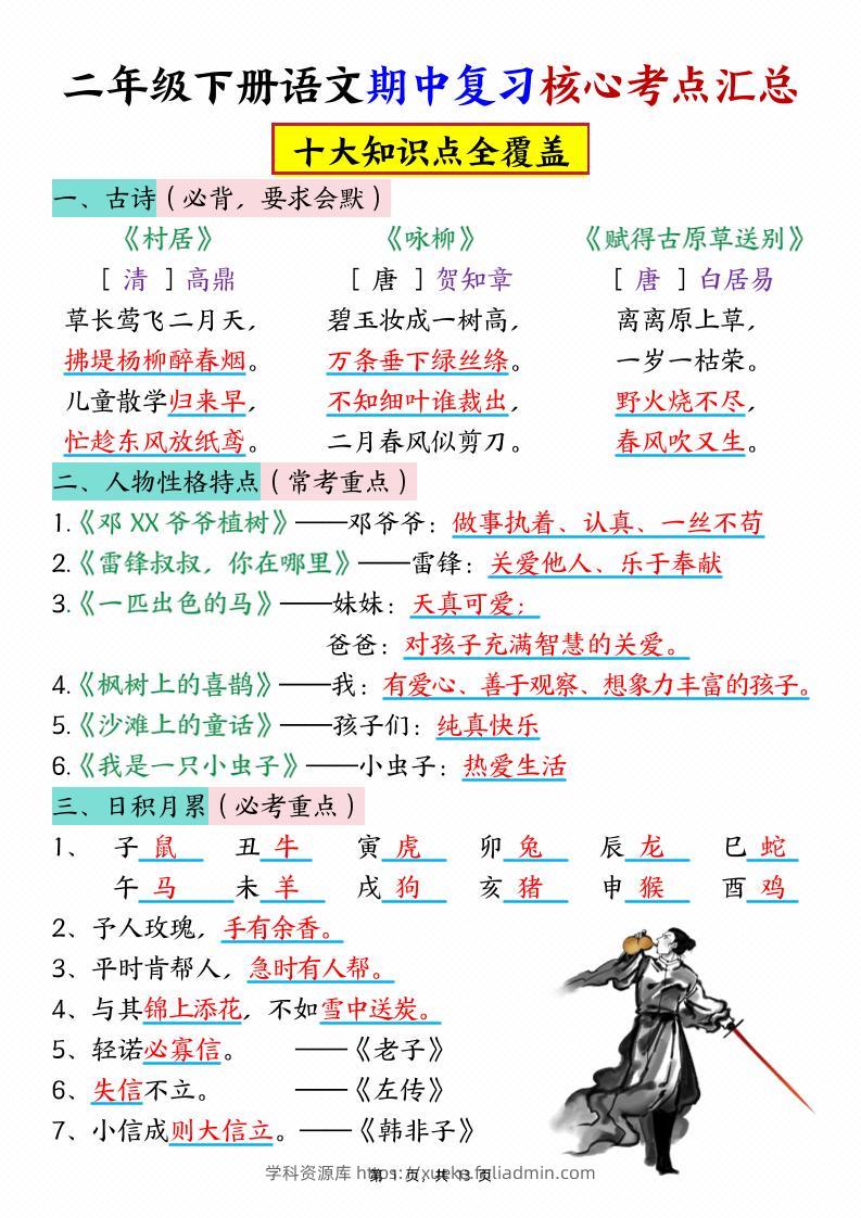二下语文期中复习核心考点汇总（10大知识点）13页-学科资源库