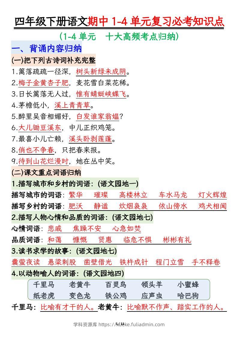 四下语文期中复习必考知识点-学科资源库