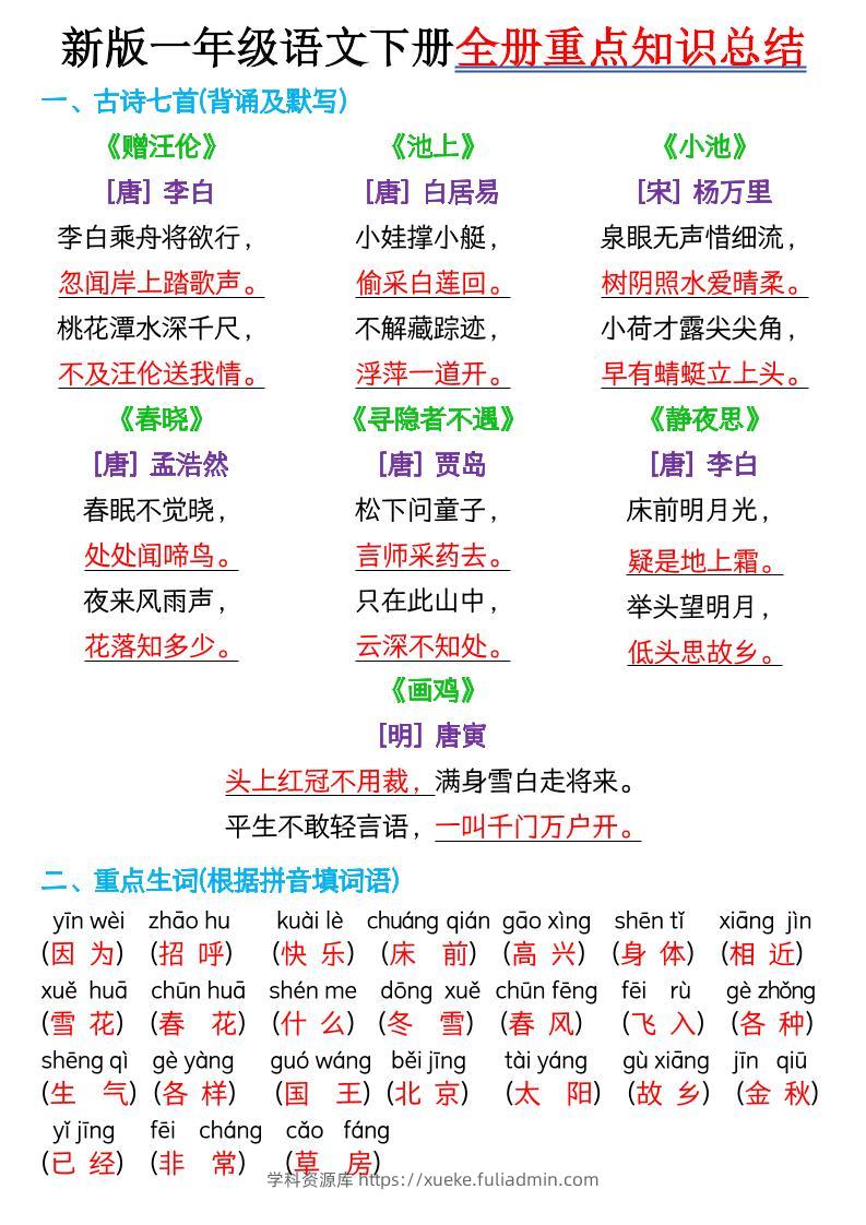 【知识点】新版一年级语文下册全册重点知识总结-7页-学科资源库