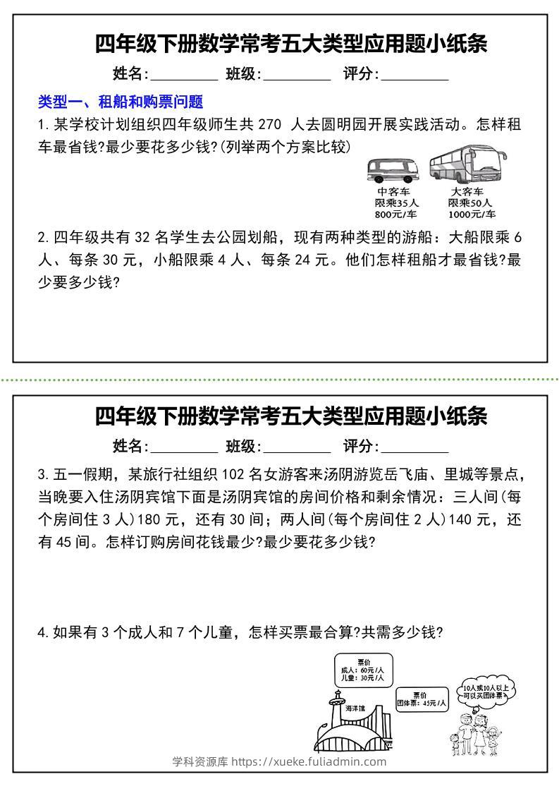 四下数学常考五大类型应用题小纸条-（通用版）-学科资源库