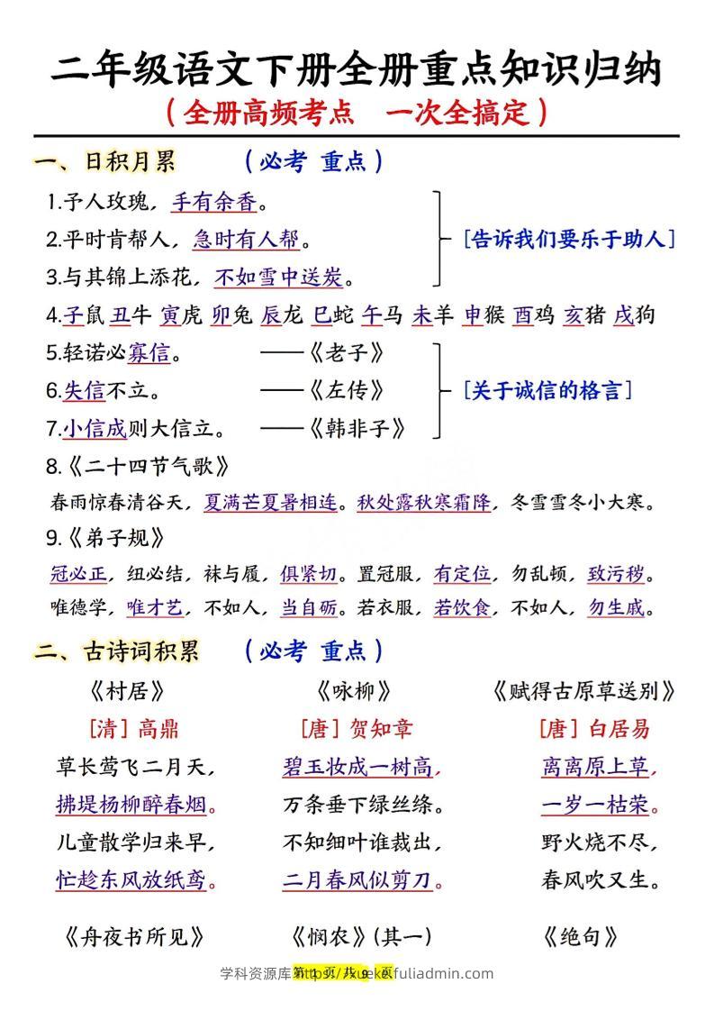 二下语文期末考试全册高频考点-学科资源库