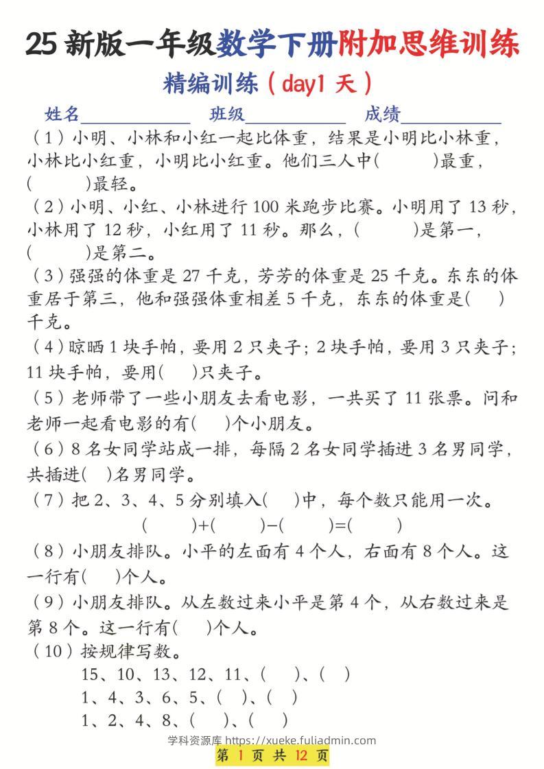 25新一下数学附加思维训练（精编训练12天）含答案24页-学科资源库