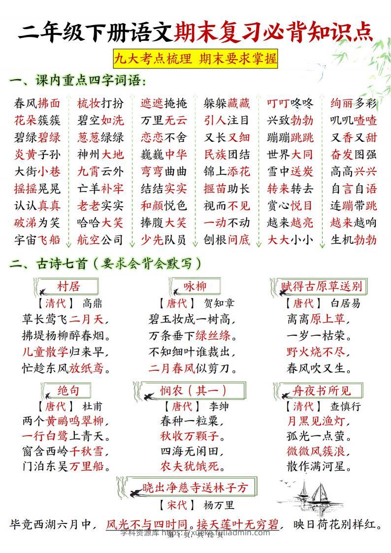 二下语文期末复习必背知识点九大考点梳理12页-学科资源库