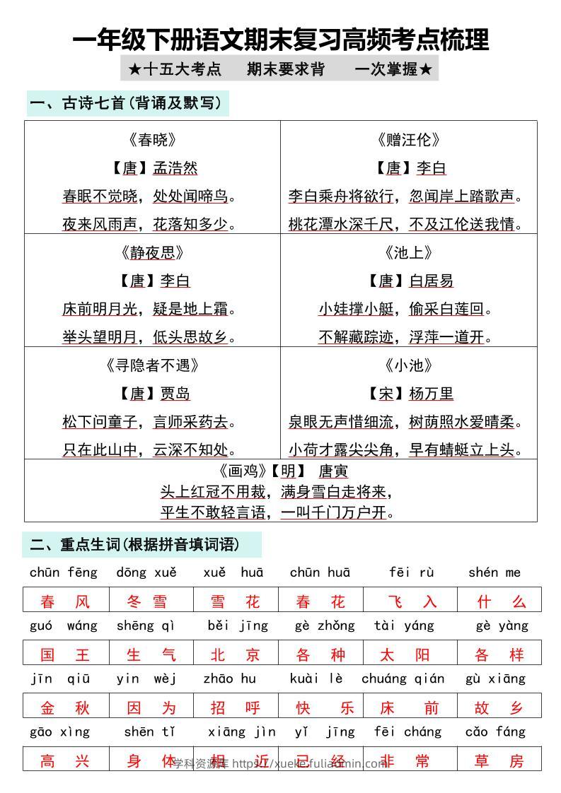 一年级下册语文期末复习高频考点梳理-学科资源库