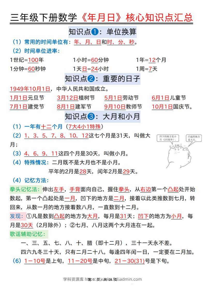 三下数学《年月日》核心知识点汇总+计算技巧+六大考点必刷题（练习+答案24页）-学科资源库