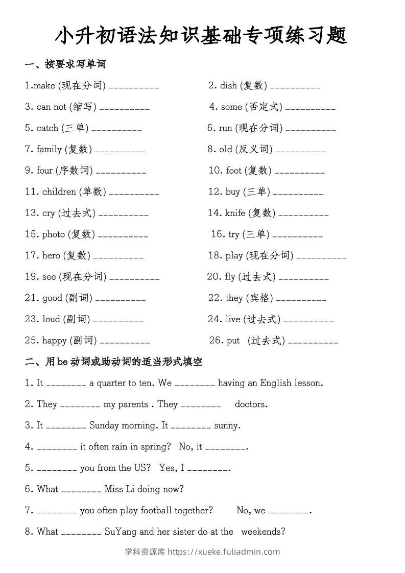 《小升初语法知识基础专项练习题》教科版-学科资源库
