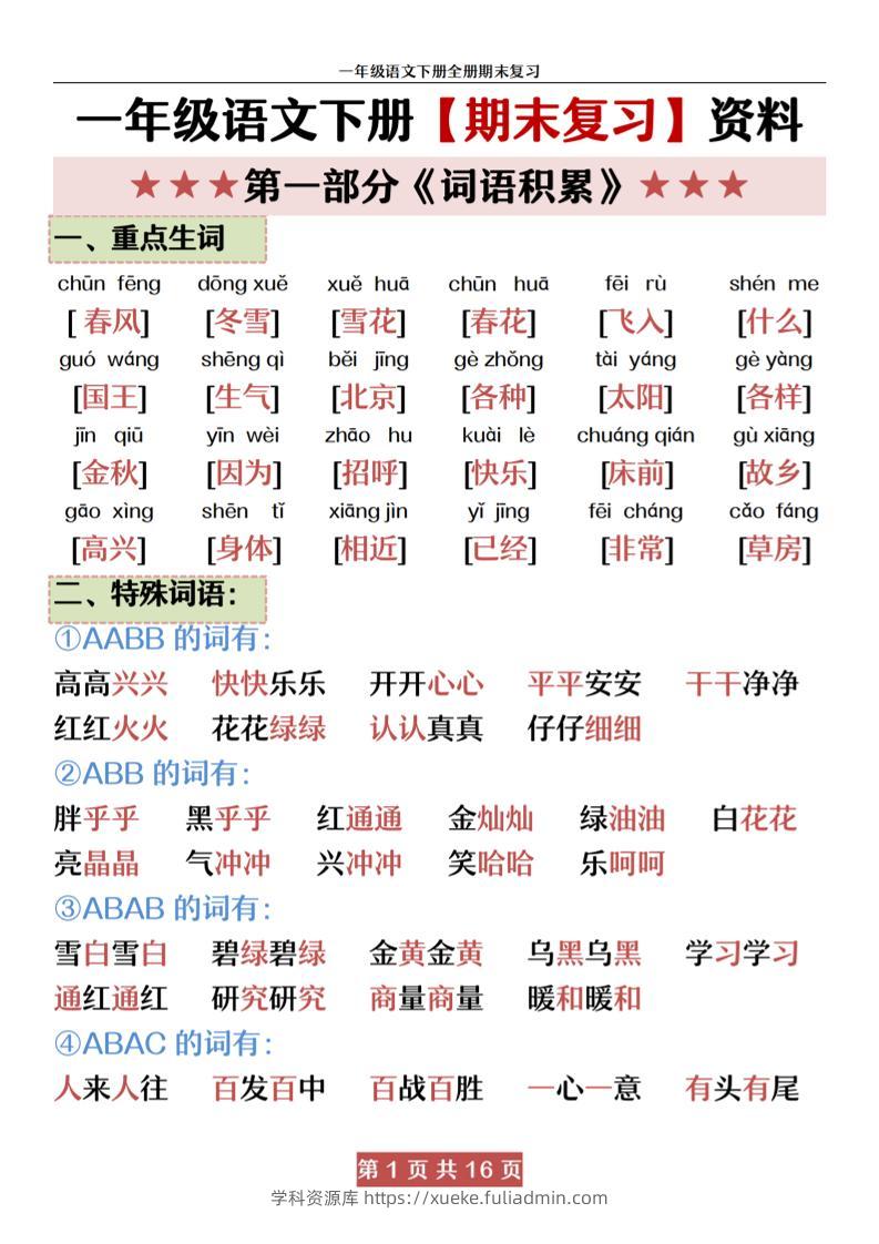 一下语文【期末全册复习资料资料】-学科资源库