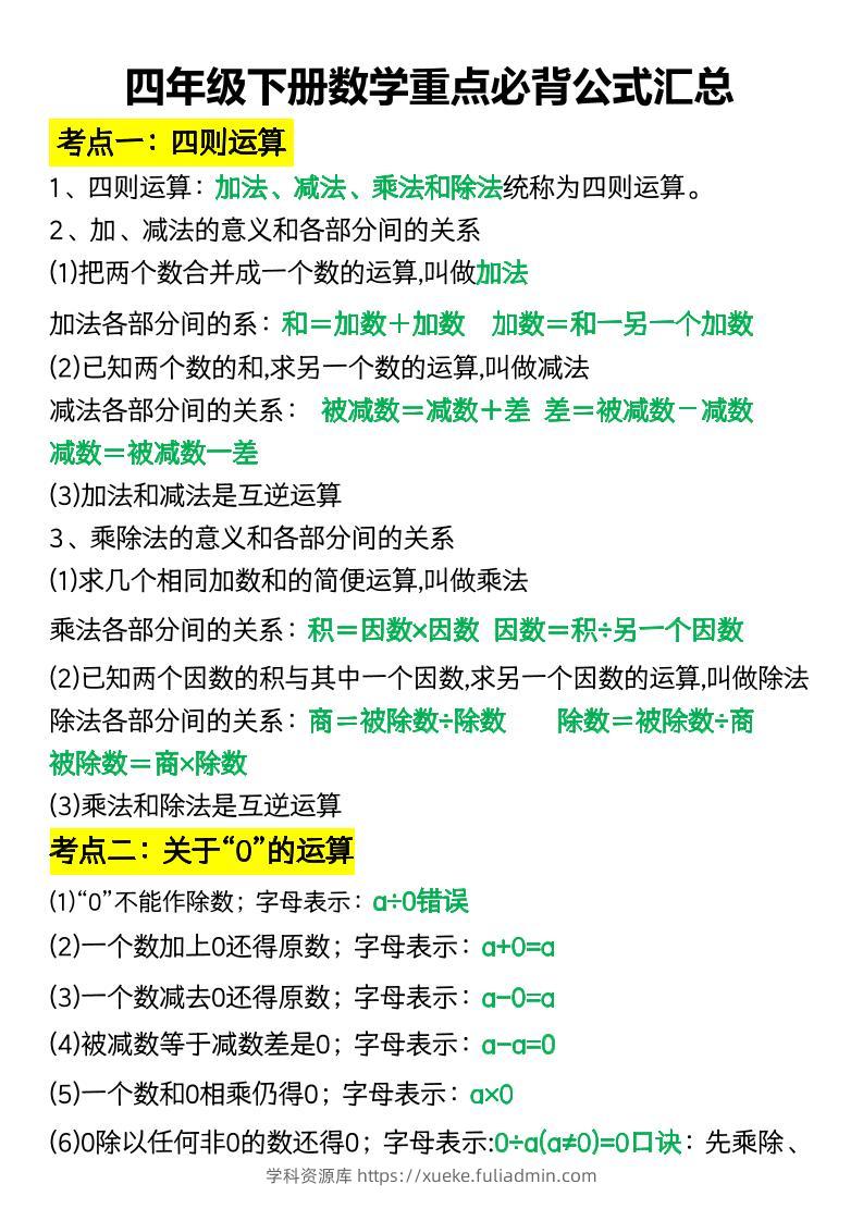 四年级下册数学重点必背公式汇总-学科资源库