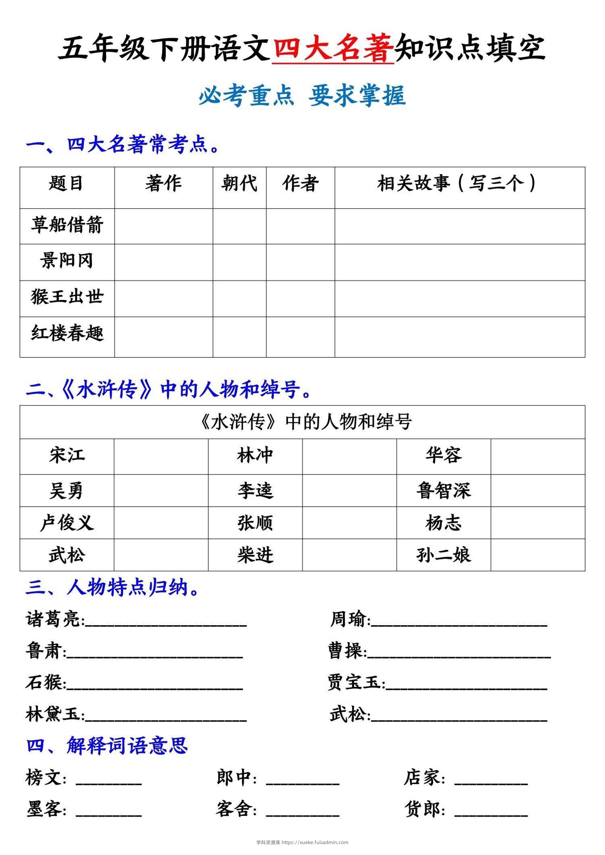 【《四大名著》知识点填空】五下语文-学科资源库