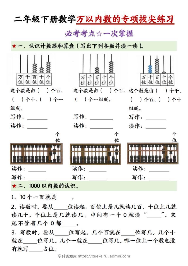 二年级下册数学万以内数的专项拔尖练习-（-学科资源库