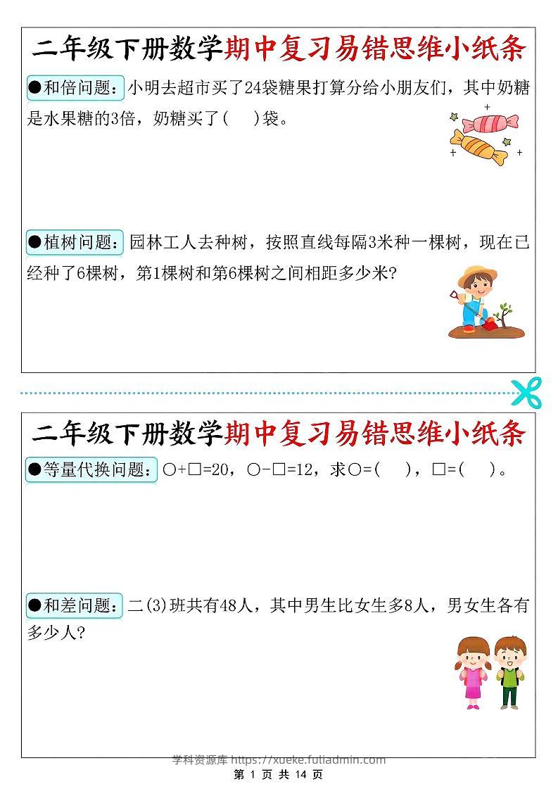 二年级下册数学期中复习易错思维小纸条-学科资源库