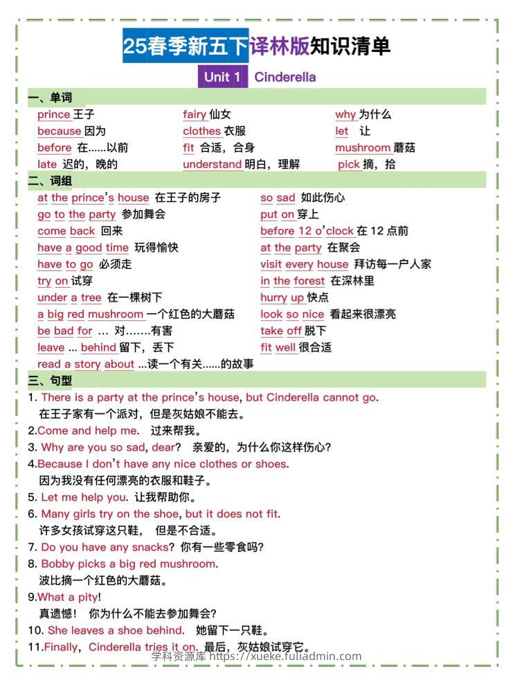 五下译林英语知识清单-学科资源库