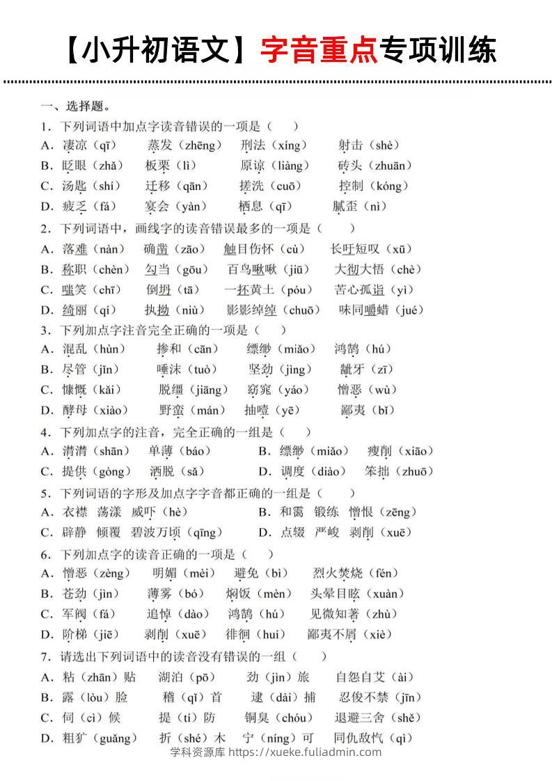 《小升初语文字音重点专项训练》-学科资源库