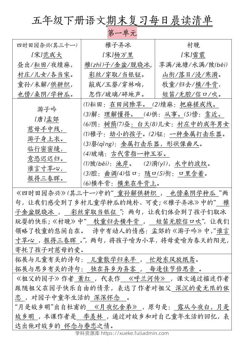 五下语文期末复习每日晨读清单-学科资源库